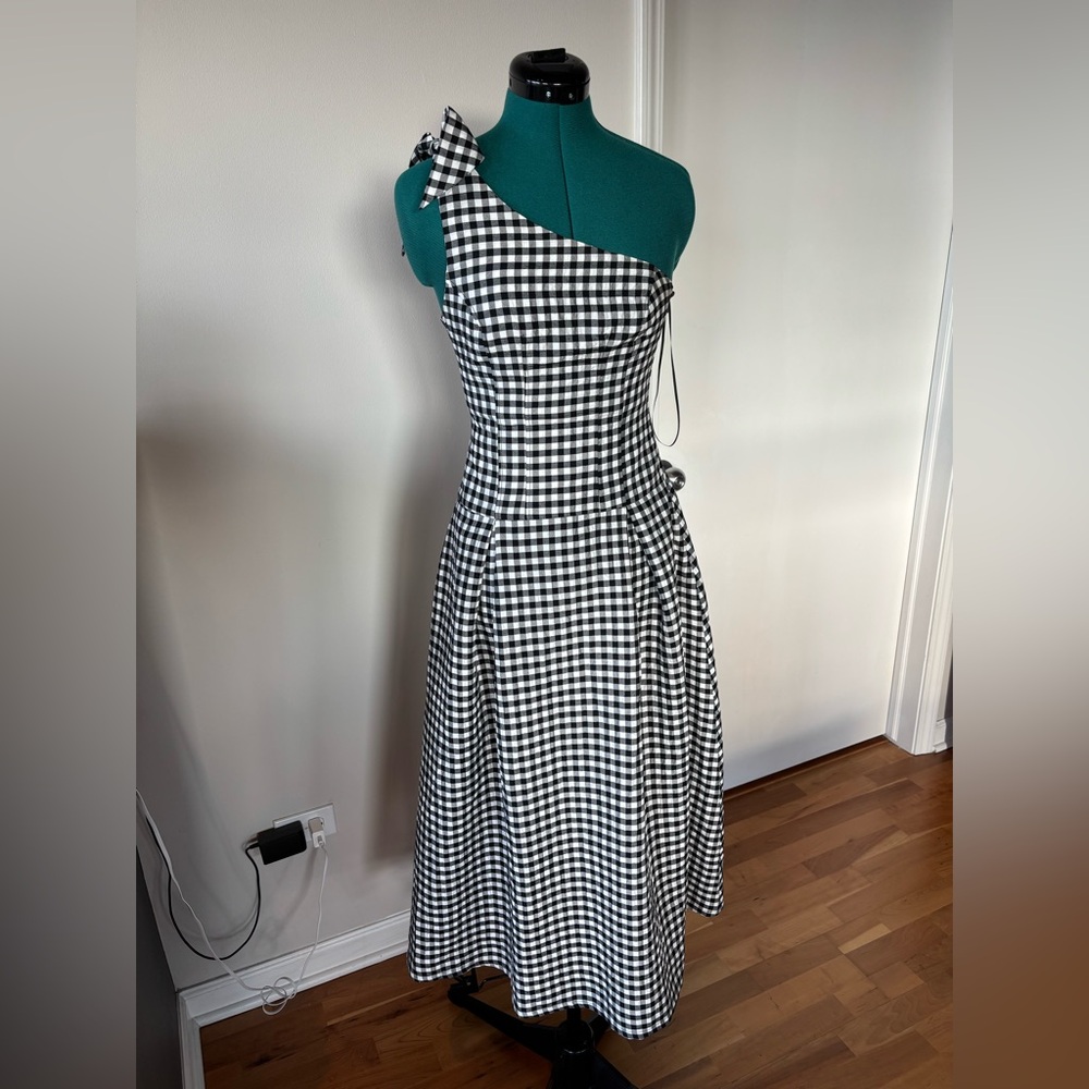Anthropologie XXS One-Shoulder Gingham Dress in Black and White
